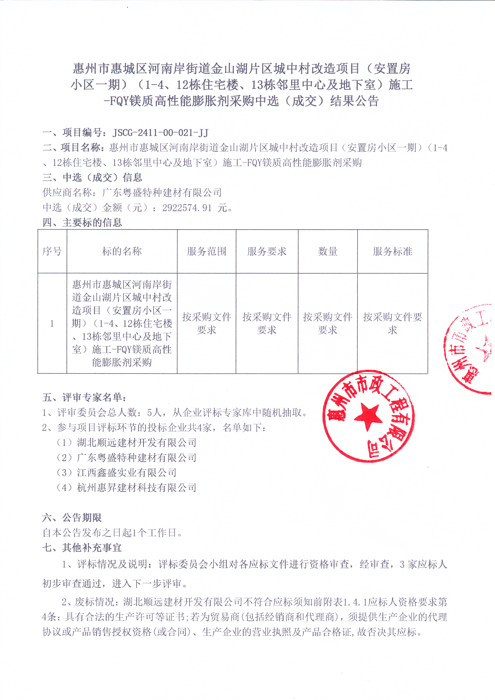 惠州市惠城区河南岸街道金山湖片区城中村改造项目（安置房小区一期）（1-4、12栋住宅楼、13栋邻里中心及地下室）施工-FQY镁质高性能膨胀剂采购中选（成交）结果公告